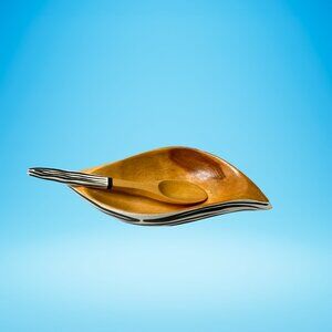 Wood Leaf Shaped Bowl w Spoon - White & Black Zebra Stripe - 6.5 in